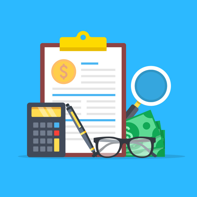 An illustrated collection of finance tools including a calculator, glasses, clipboard, magnifying glass, money and a pen