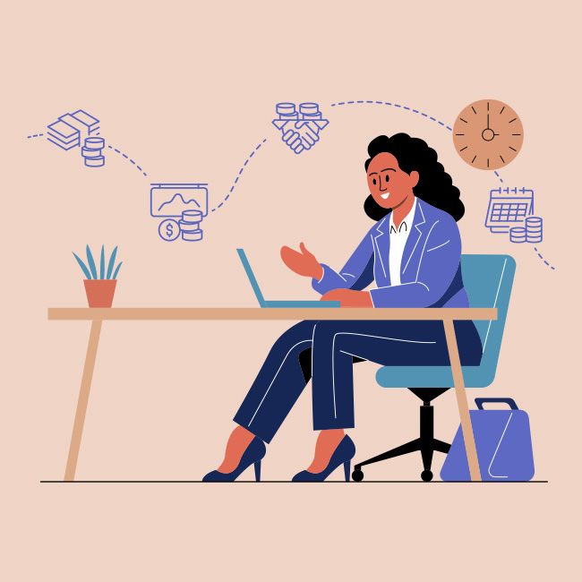 Professional woman working on a laptop surrounded by financial icons